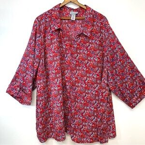 Catherines Button Up Top Woman 4X Red  Print Half Sleeve Lightweight Casual Work